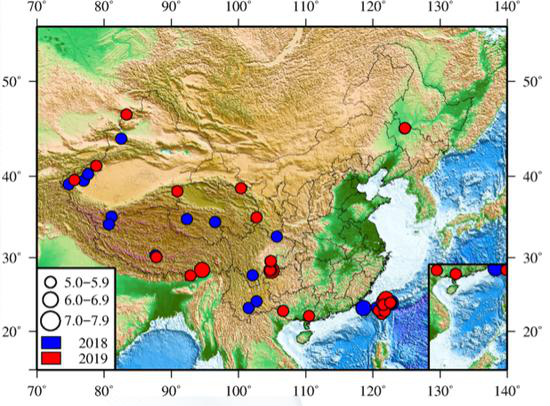 2018年和2019年我国5级以上地震分布图。图片来自中国地震局2019地震年报