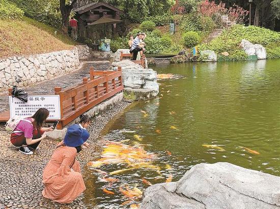 虽然湖边的提示牌中明确表示“请勿戏水抓鱼”，依然有个别家长放任儿童在水边嬉戏。