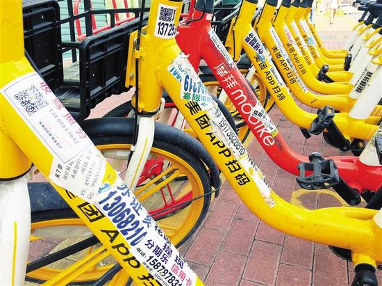 近日，记者走访发现，很多共享单车被贴上各式小广告。 深圳商报记者 廖万育 摄