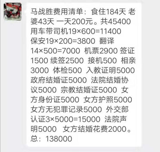 张景梅给马占胜第二次发的费用清单。接机一次,一个人就收了500块。