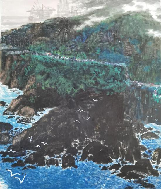 ▲乔广洋《海滨玉带》168cmx144cm 宣纸彩墨 2019年