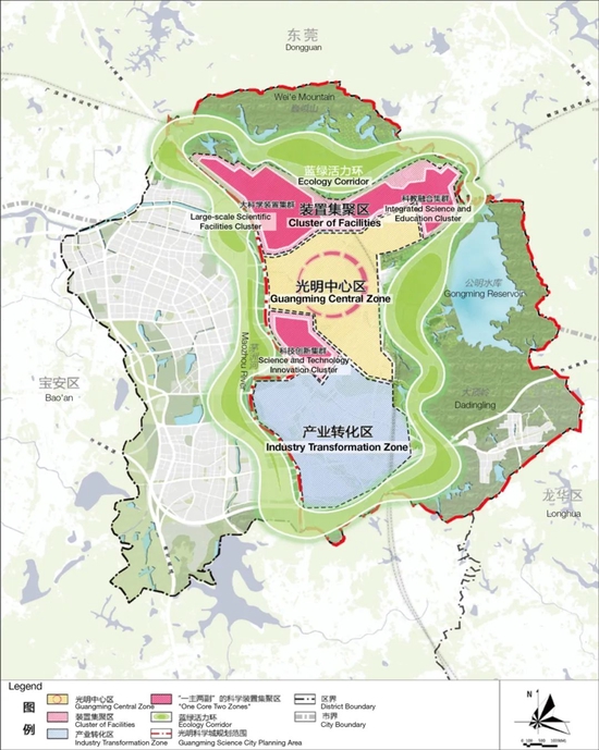 　　△ 光明科学城空间结构示意图（来源：《光明科学城空间规划纲要》，深圳市规划和自然资源局、光明区政府，2020年5月）Guangming Science City Spatial Structure Diagram（Source： Guangming Science City Outline Plan， Planning and Natural Resources Bureau of Shenzhen Municipality and Guangming District Government， May 2020）