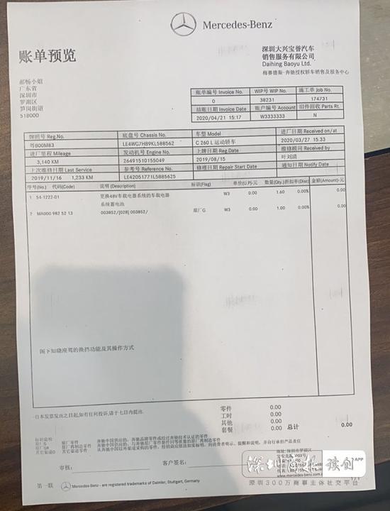 关于该车的维修检测表。