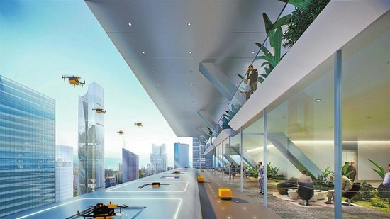 未来，通过建设超高层无人机停机坪、标准层交互终端等城市新部件，实现商户、住户之间无缝衔接的末端商品配送。