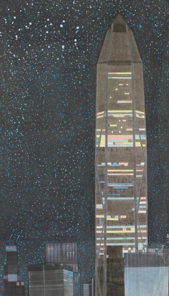 ▲苗瀚文《星空中的深圳平安大厦》80cmx50cm 纸本设色 2019年