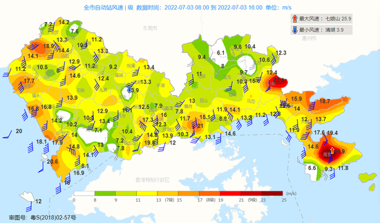 2022年7月3日8—16时最大瞬时风速图