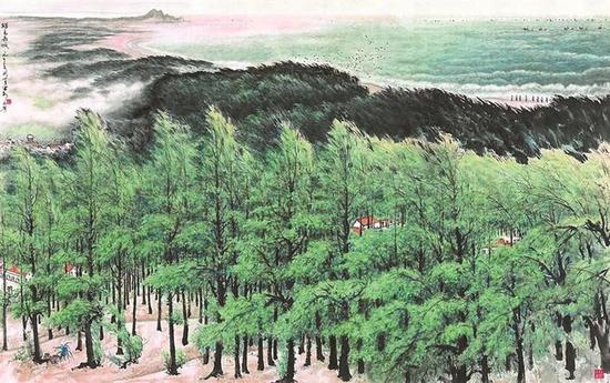 关山月美术馆线上展出作品《绿色长城》(关山月) 横披 纸本设色