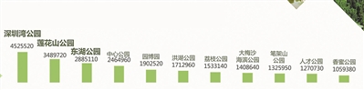 2017年深圳用户最关注的本地公园 说到花卉，大数据显示，深圳市花簕杜鹃在深圳人关注的花卉中只排名第6，菊花、紫薇和荷花关注度排名前三。（表中数据为点击量）