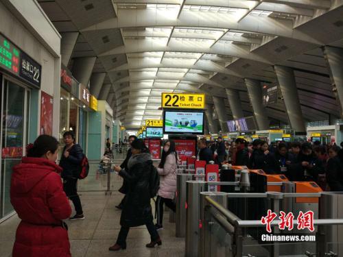 2月2日,春运第二日,北京南站检票口前大量乘客排队候车。中新网 李金磊 摄