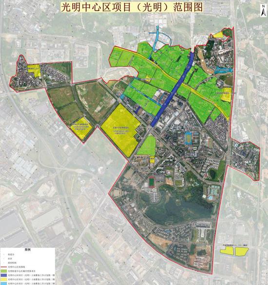 明中心区光明街道部分土地整备计划图，其中蓝色部分的光明大道北与东周一街属于一期，提前13天完成签约，二期为标黄部分，合计50.8万平方米。