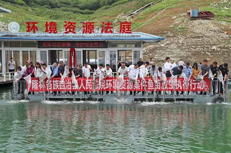 隆林县法院在万峰湖环境资源巡回法庭组织社会各界人士投放鱼苗。费文彬 摄
