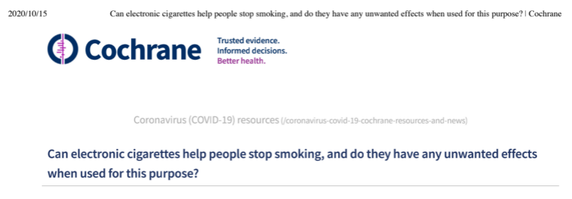 （图：Cochrane综述指出，使用尼古丁电子烟来戒烟的效果比使用尼古丁替代疗法和不含尼古丁的电子烟更好。）