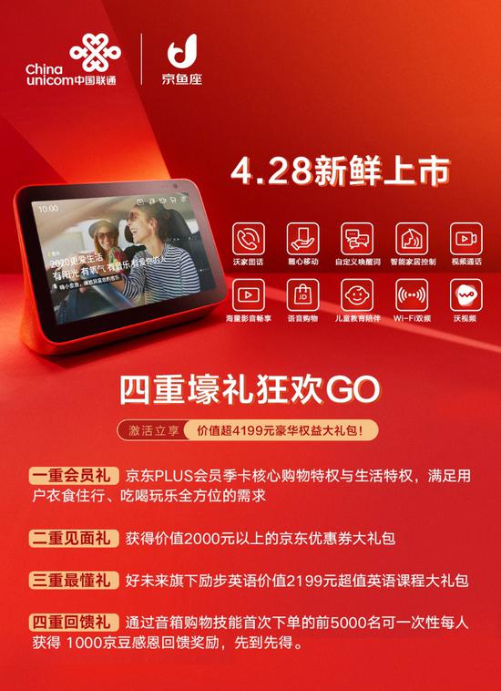 四重壕礼狂欢购 中国联通携手京东推出新款智能音箱 京鱼座智能屏i8 Pro