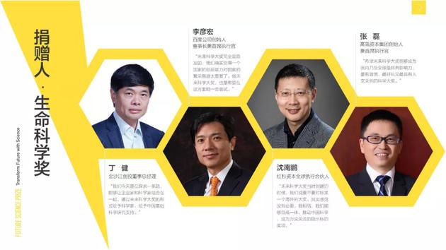 “生命科学奖”捐赠人为丁健、李彦宏、沈南鹏、张磊;