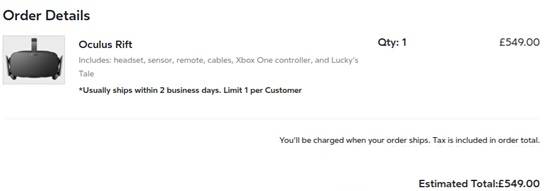 Oculus Rift订单标价为549英镑