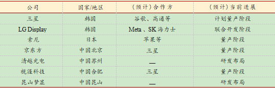 表2：海外公司仍引领 Micro OLED 研发，国内厂商快速发力