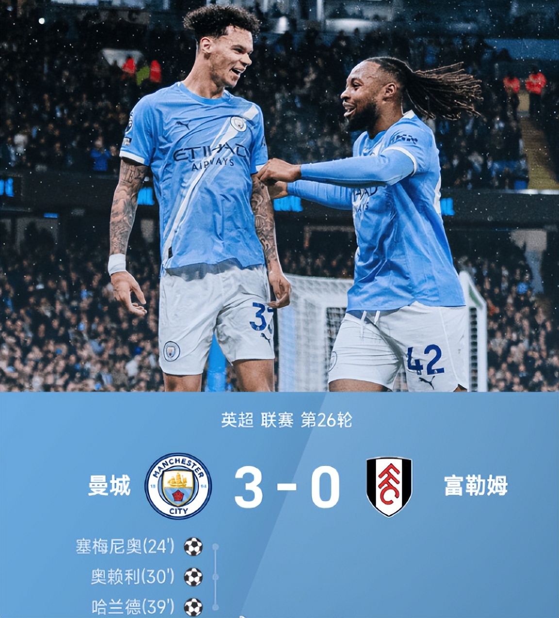 曼城3比0富勒姆取得三连胜，半场定胜局塞梅尼奥成第一功臣