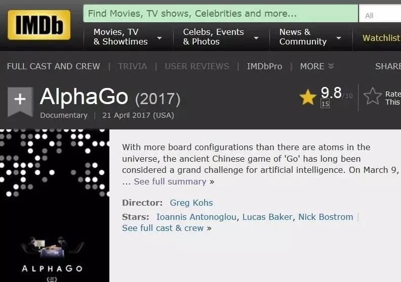 《alphago》imdb评分高达9.8分