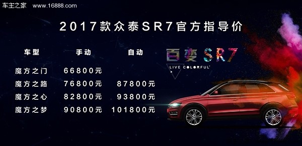 新款众泰SR7正式上市 售6.68-10.18万元