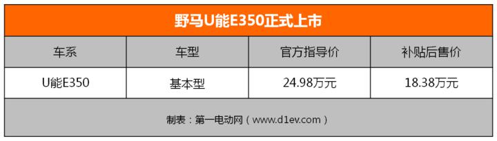 配置12.1寸大屏 野马U能E350上市补贴前24.98万元