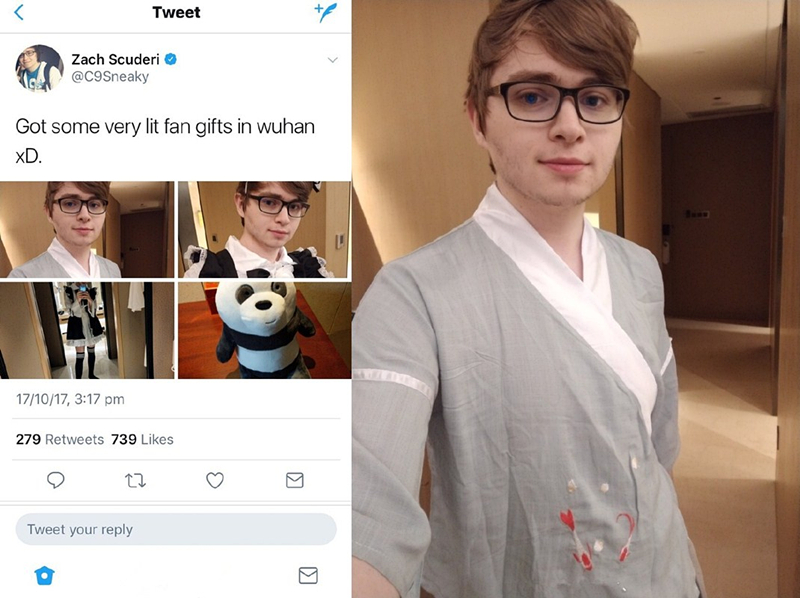 c9战队adc秀粉丝送他的礼物,身穿女仆装羞涩的表情让人佩服