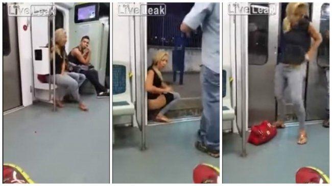 一名金发女子原本坐在地铁座位上,但疑似突然尿急,导致整个人坐立难安