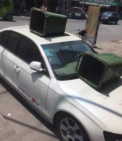 奥迪乱停车被人用垃圾桶报复, 路人看到车牌后
