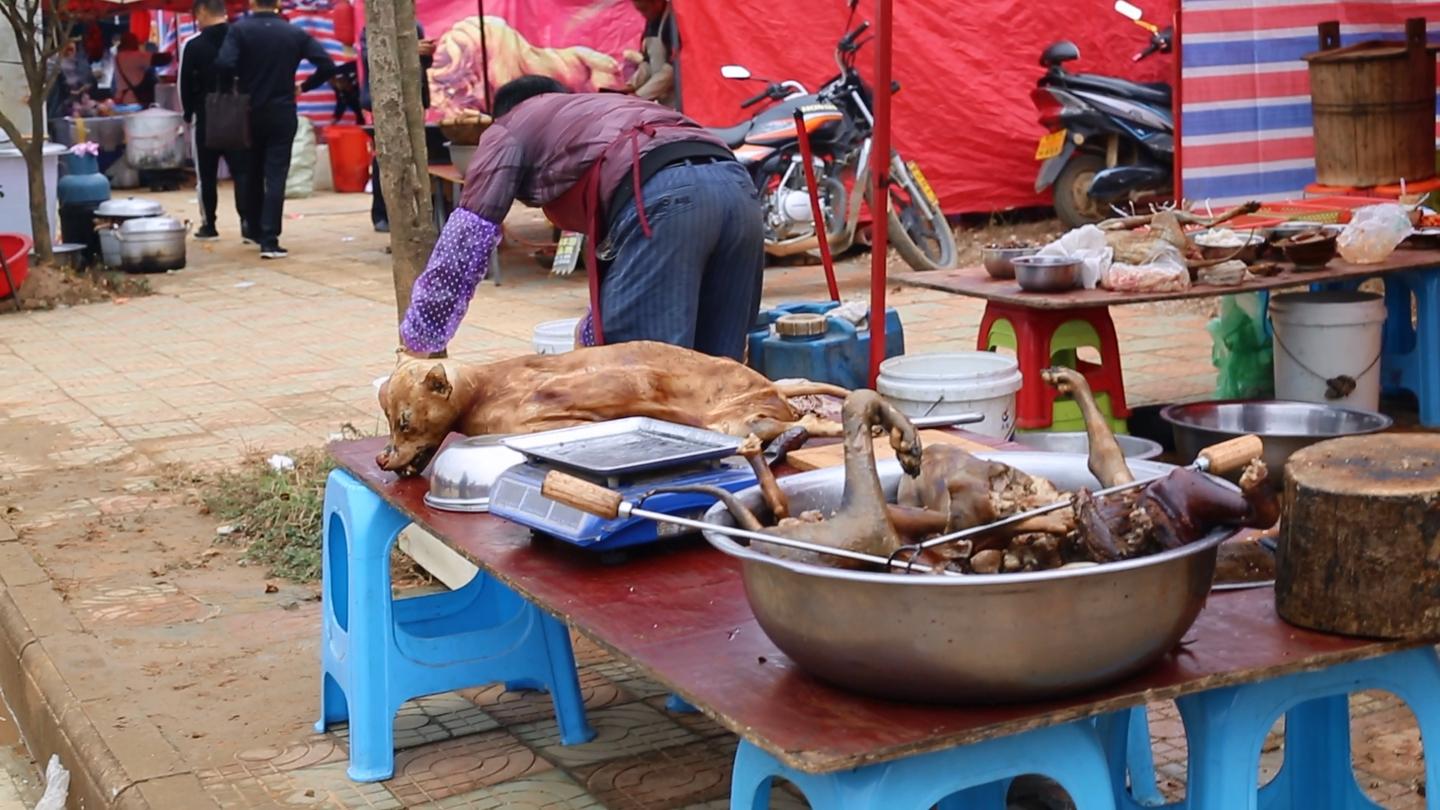 狗肉 下图是一只杀好去掉毛的狗,还没有煮熟,有些人是买回家煮的.