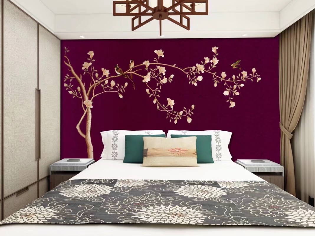 色彩饱满的独绣无缝墙布太美了