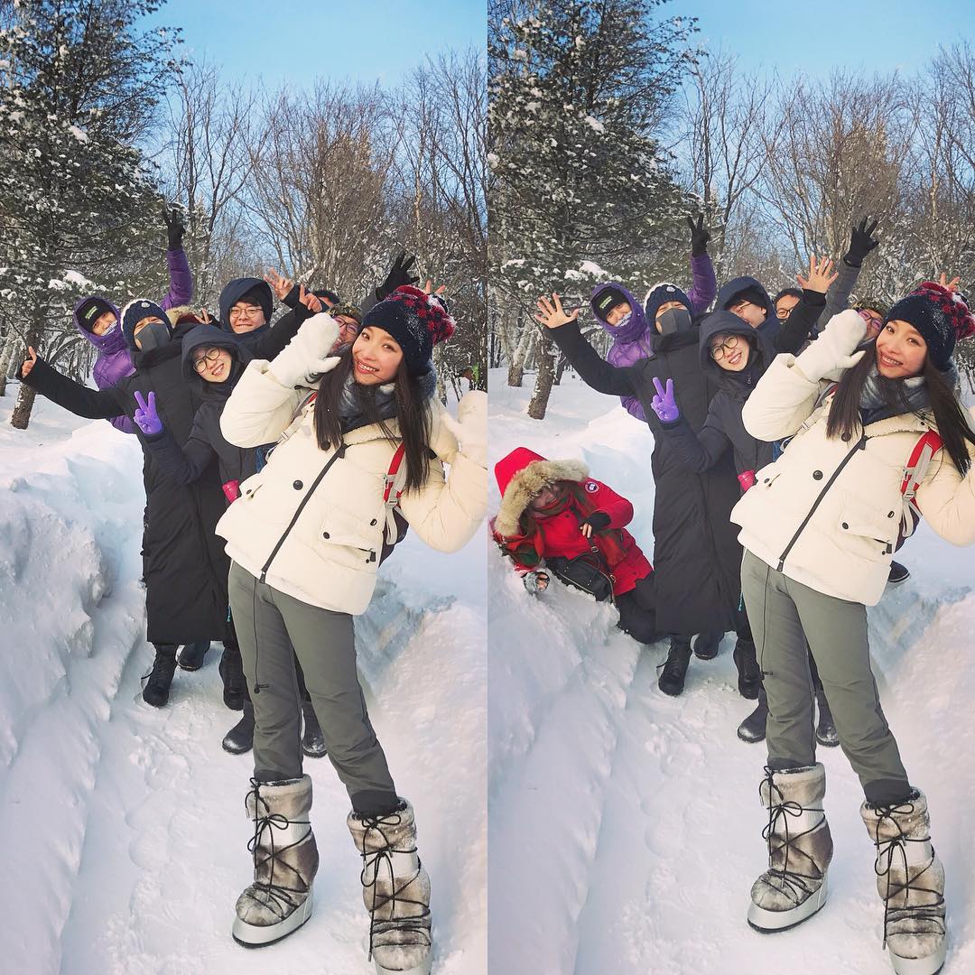 冰天雪地的合影如何不落俗套,学学倪妮一行人,交错叠加地凹造型.
