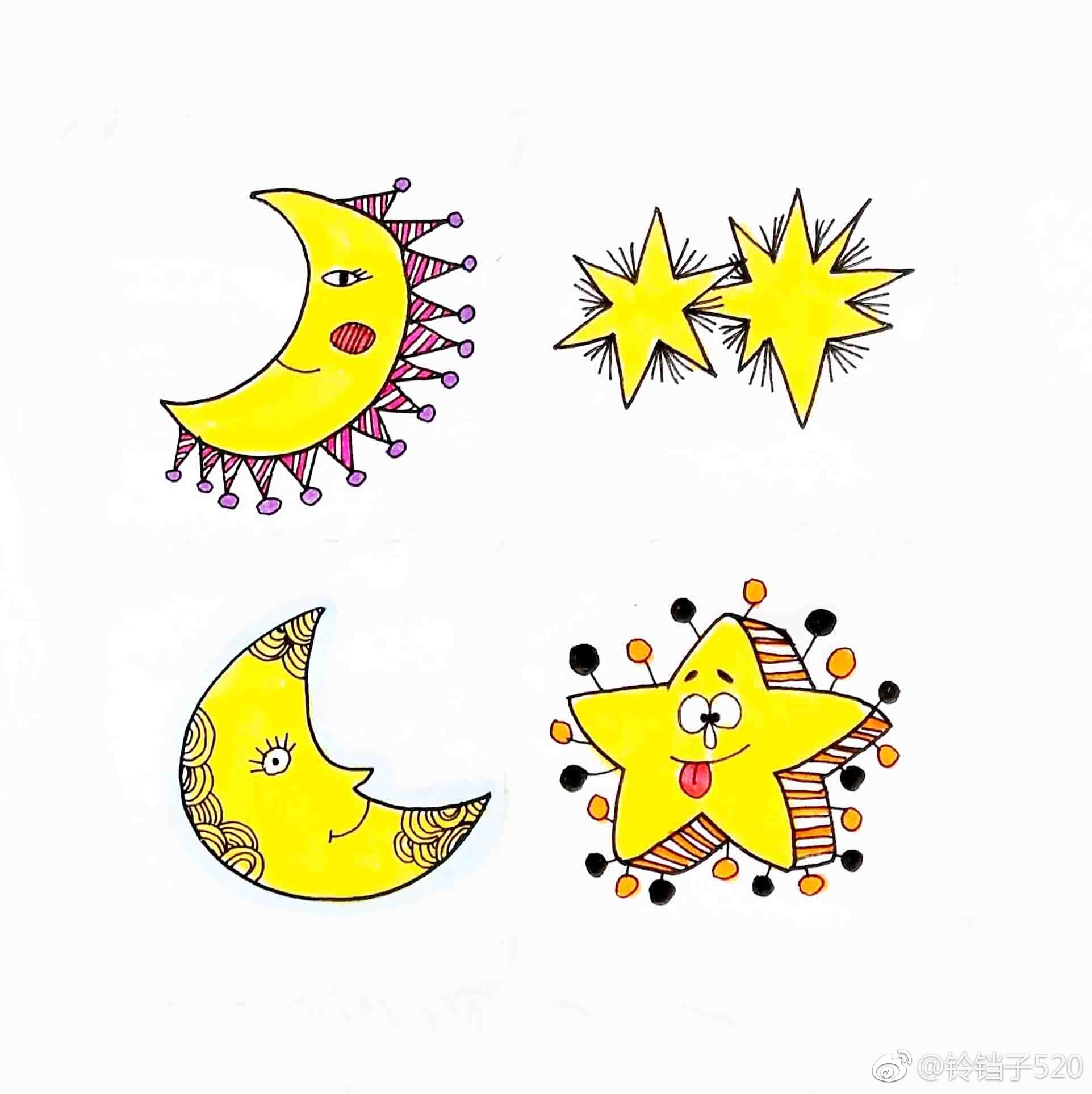 手帐简笔画第一弹:太阳、月亮、云朵和鱼儿