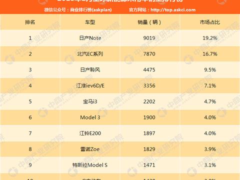 1月全球新能源汽车销量排名：日产Note第一 自主四款入前十