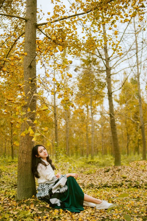 秋天的落叶,长裙的美女,好美的场景