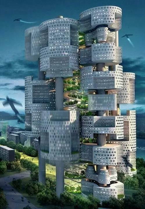 未来房屋的层高无限扩展 一栋建筑群就是一个小小的城市 中间充斥花园
