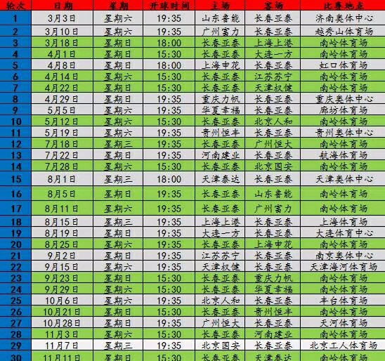 长春亚泰2018赛季完整赛程公布 7月18日主场