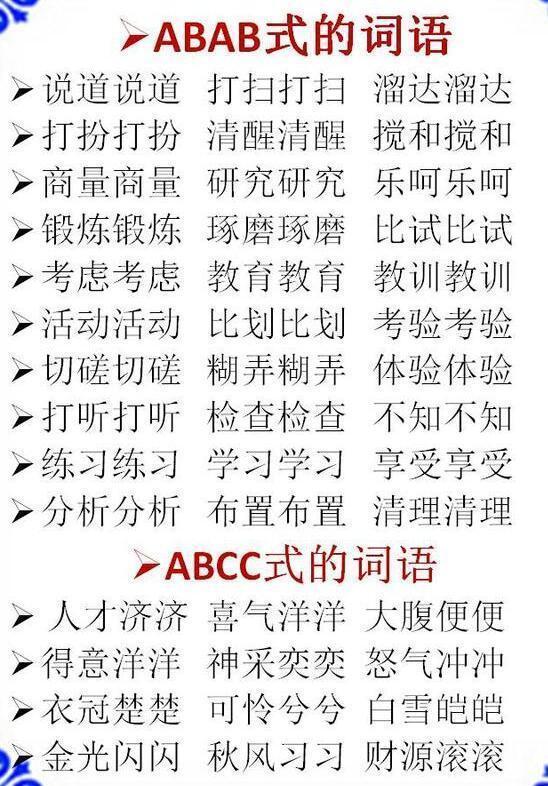 abab式的词语成语大全,abab式的词语 语文老师熬夜整理: 小学必考的abb aabb abcc式成语词汇大全!