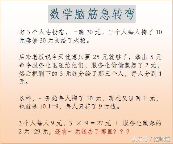 数学脑筋急转弯:还有一元钱去了哪儿?