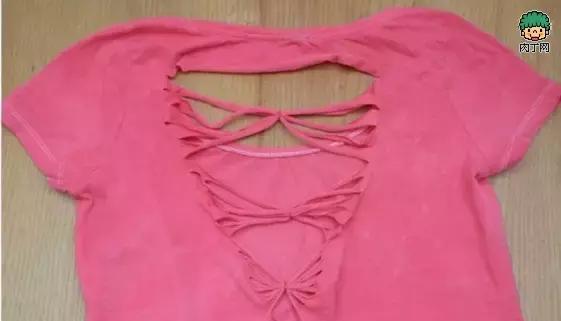 旧T上衣改造成时尚编织漏背装教程