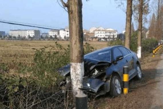 男子驾驶速腾回老家, 半路却撞到树上, 车主: 还好没被树劈成两半