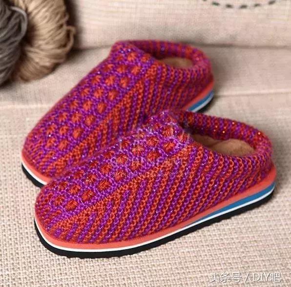 双色太阳花毛线拖鞋,不懂编织的闺蜜竟然织得