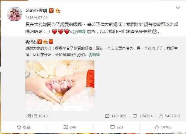 范玮琪微博蹭谢娜生孩子的热度称要定娃娃亲, 张杰回应很霸气