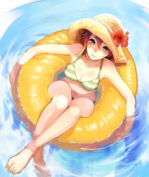 娇羞的海滩比基尼少女唯美插画图片