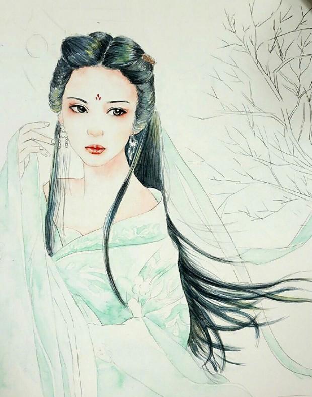 古风美女水彩画的绘画上色过程图