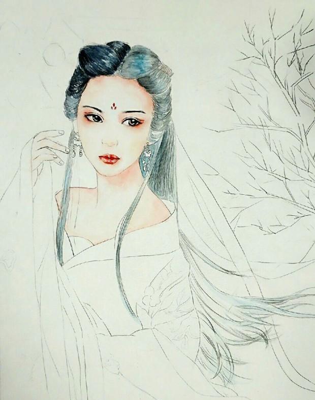 古风美女水彩画的绘画上色过程图
