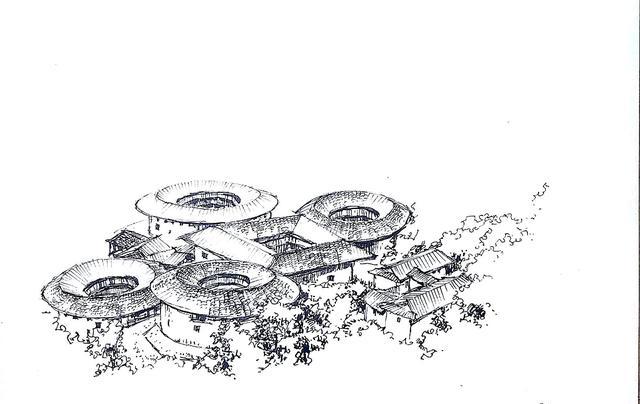 零基础学绘画钢笔风景速写客家围楼详细步骤