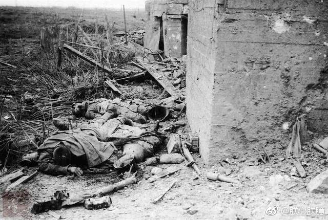 在比利时战场上被炸死的三名德国士兵.