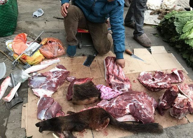 农村大叔集市上卖带毛的猪肉,看上去很脏,一上