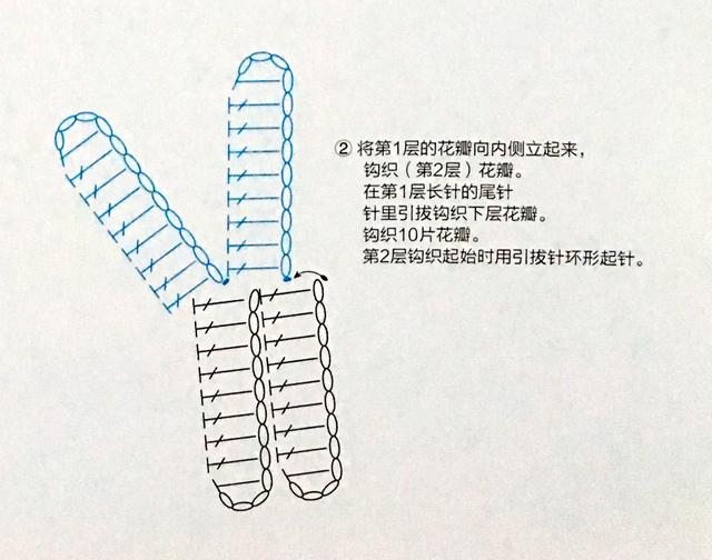 10)5,将花芯和主体的前片缝合4,绕线做环形起针,钩织花心3,将主体前片