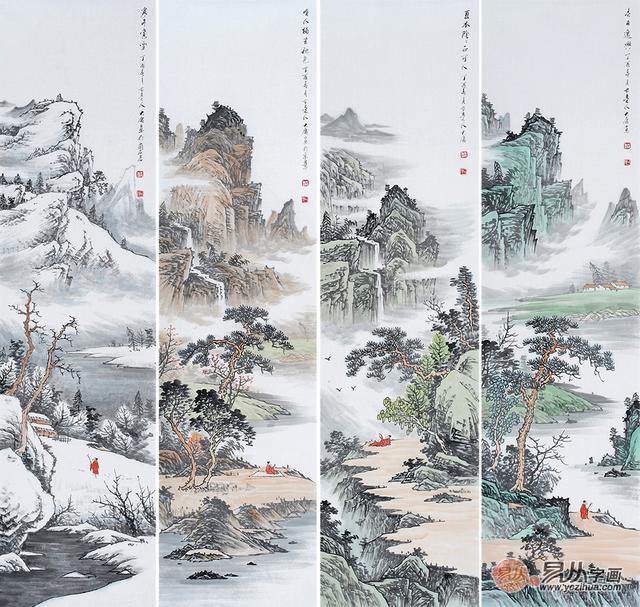 薛大庸此幅国画山水作品四条屏,取景颇为大气,优美的画面中,绿水悠悠