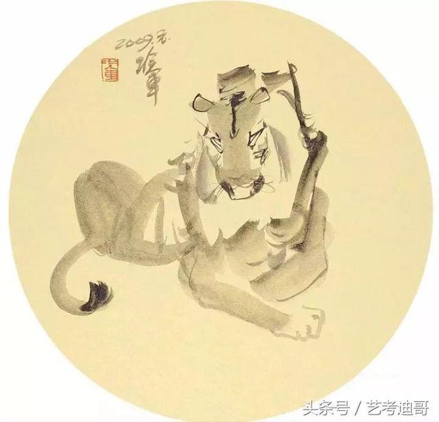 冷军的水墨画有虎,狮,虾,蟹,竹等题材.